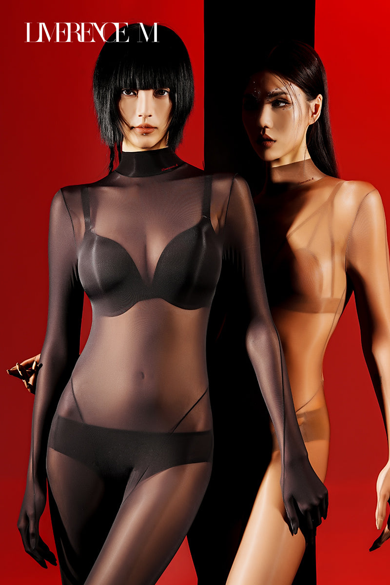 "Sheer Body" 5D Oil Gloss Bodysuit, Women's Long Sleeve Silky &amp; Glossy Full Body Tights