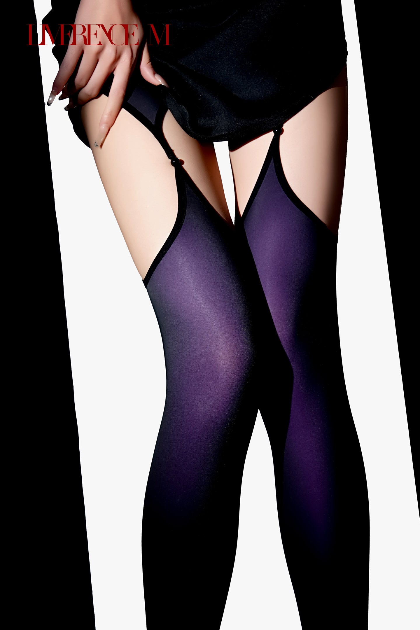 Gem 150D Garter Stockings: Glossy, Silky Smooth, High Elasticity, Black x Color Glow