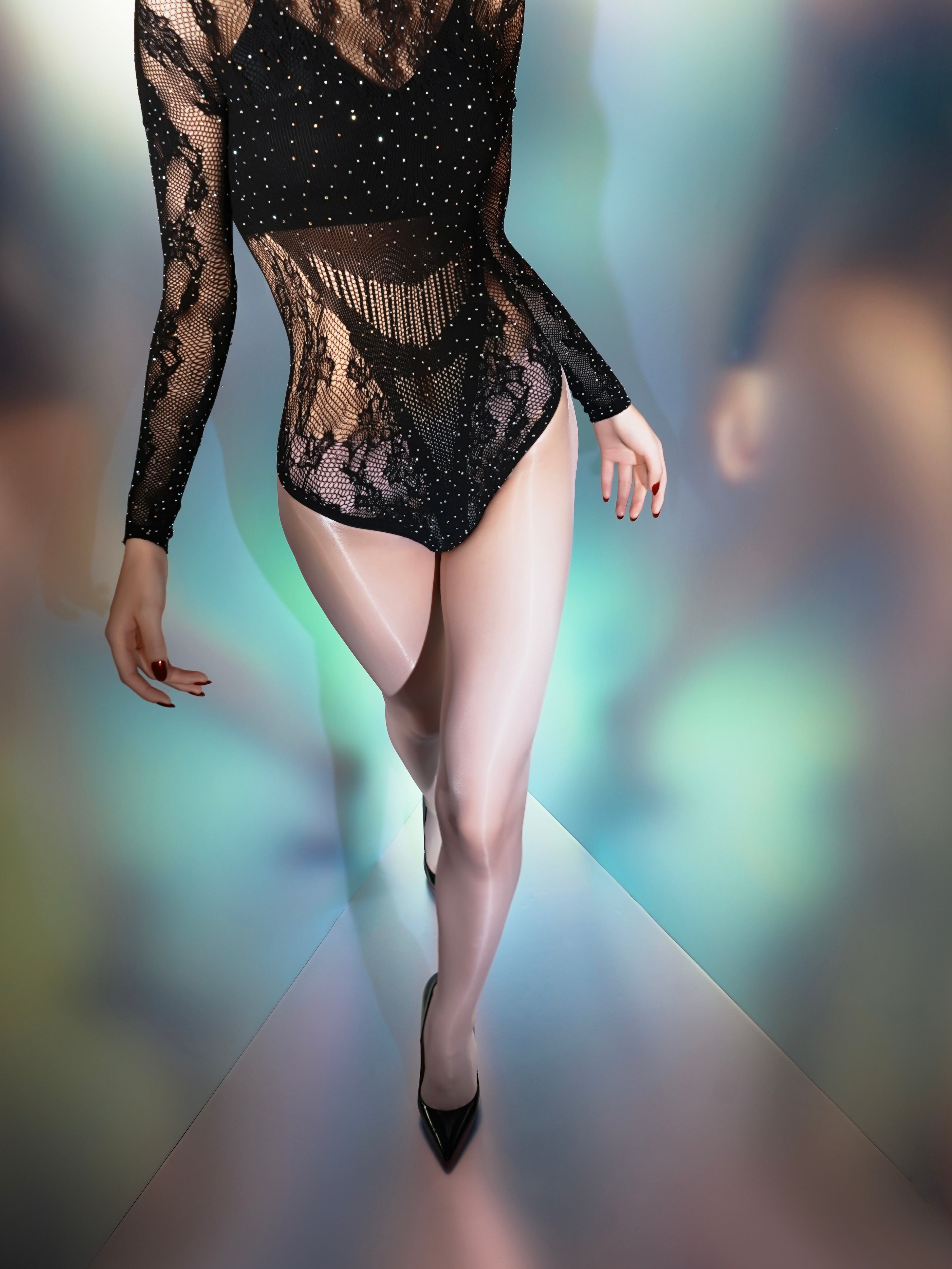 "Lip Gloss" 3D Oil Gloss Seamless Open Crotch Stockings, Smooth and Sheer