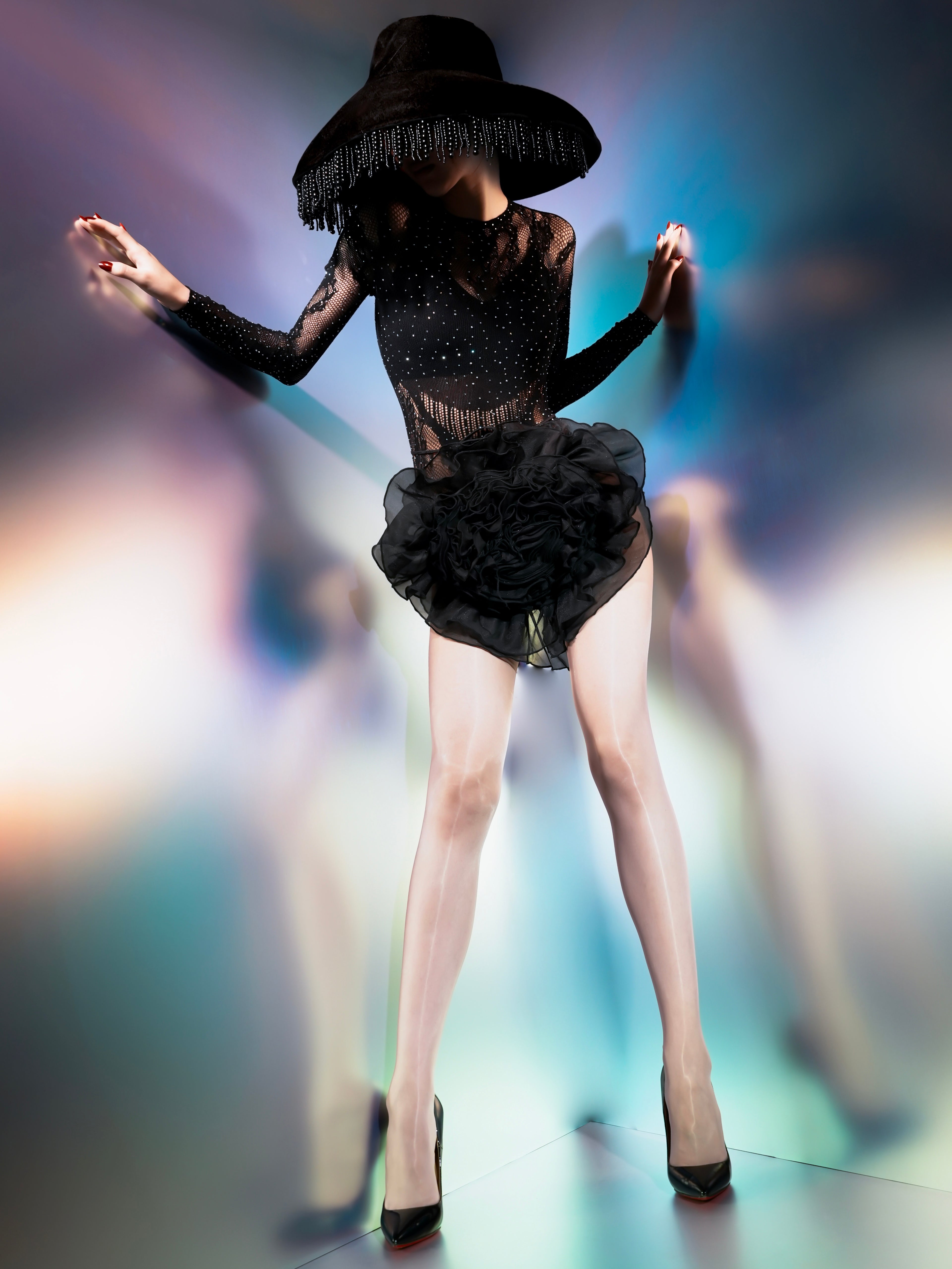 "Lip Gloss" 3D Oil Gloss Seamless Open Crotch Stockings, Smooth and Sheer