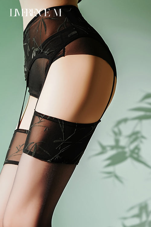 "Bamboo" 5D Chinese Style Garter Stockings, Bamboo Leaf Embroidery, Matte Silky, Sexy