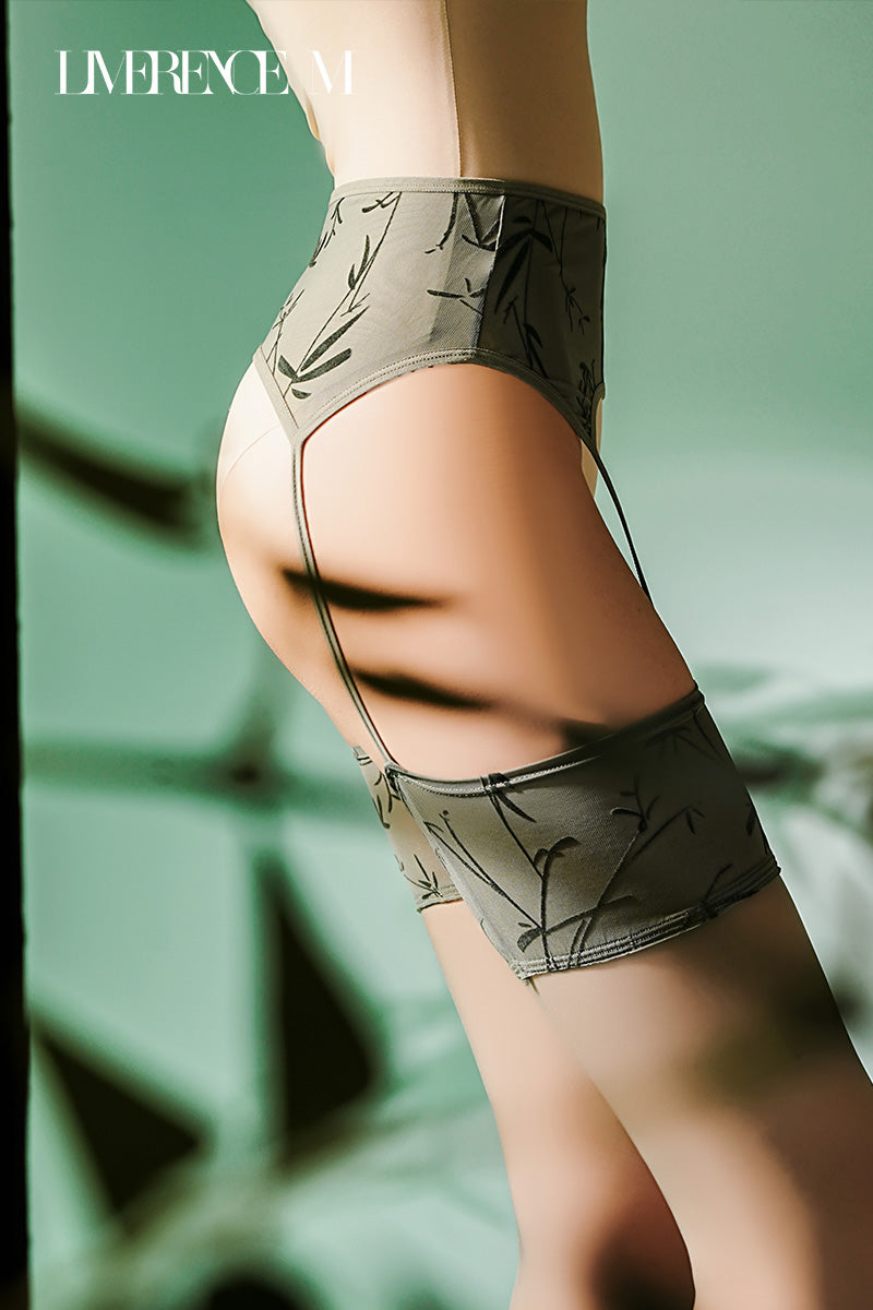 「Bamboo」5D 中華風ガーターストッキング 竹の葉刺繍 マット シルキー セクシー